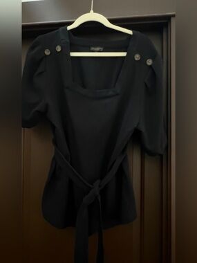 Black Square-Neck Puff Sleeve Tie-Waist Top from Anthropologie